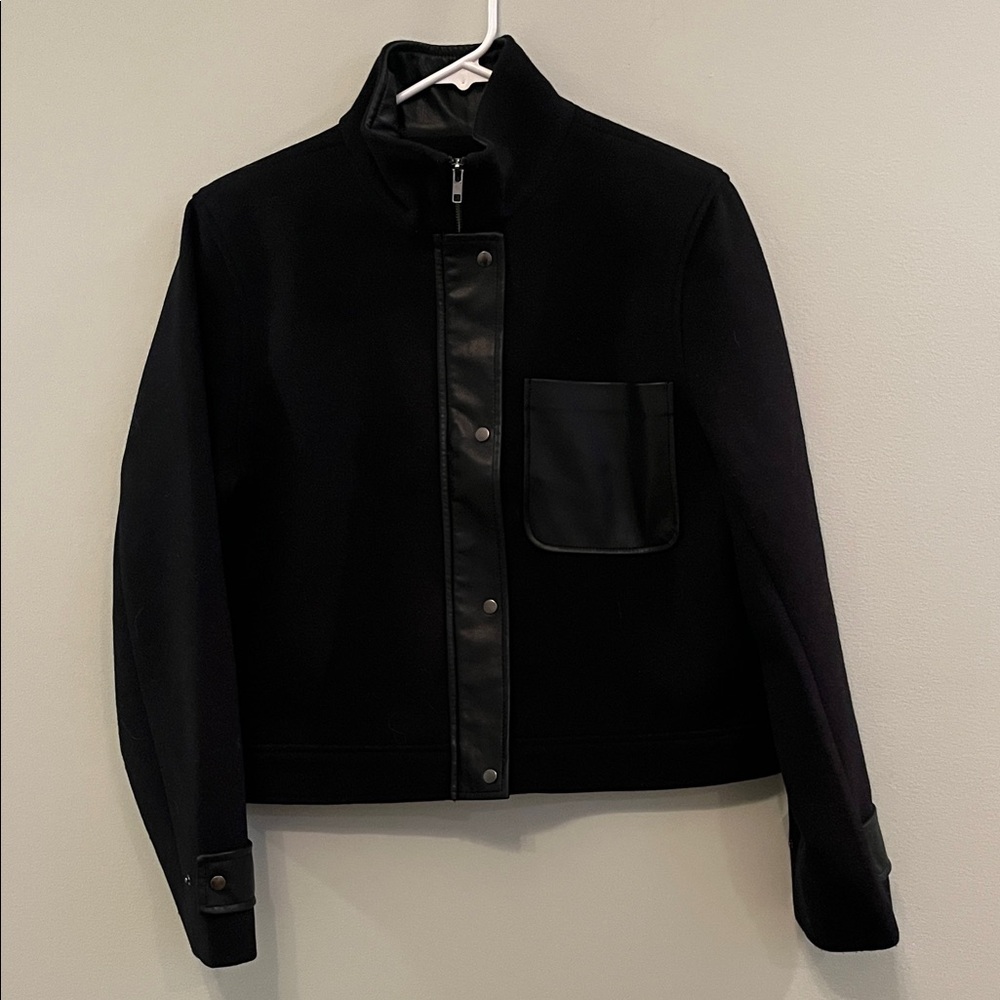 Marled Large Black Streetwear Bomber Jacket Faux Leather Breast Pocket & Trim